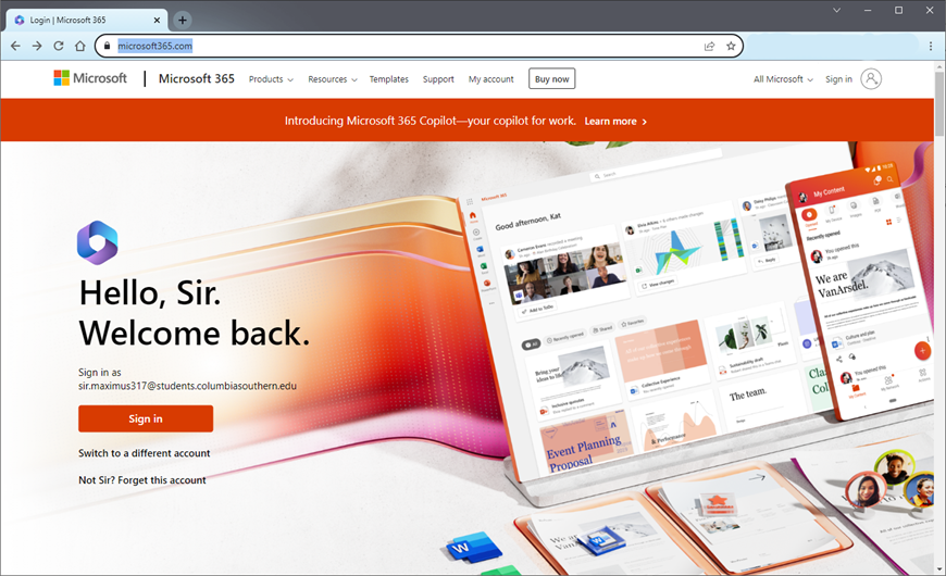 Microsoft Office 365 home page.